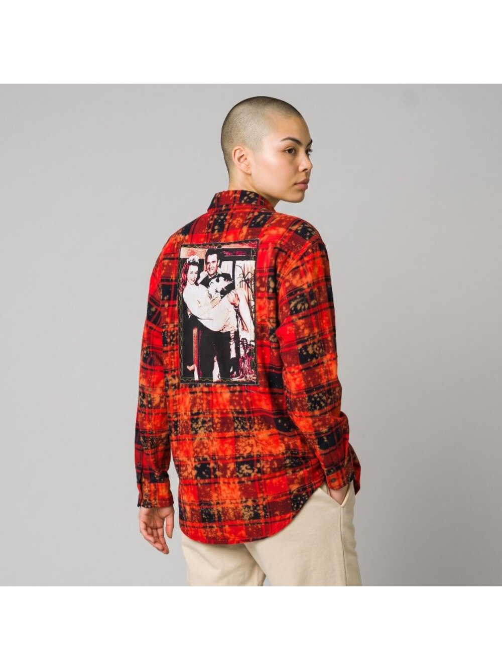 Angry Minnow Flannel Shirt XL Bleach Red Plaid Graphic Back Patch Western Grunge